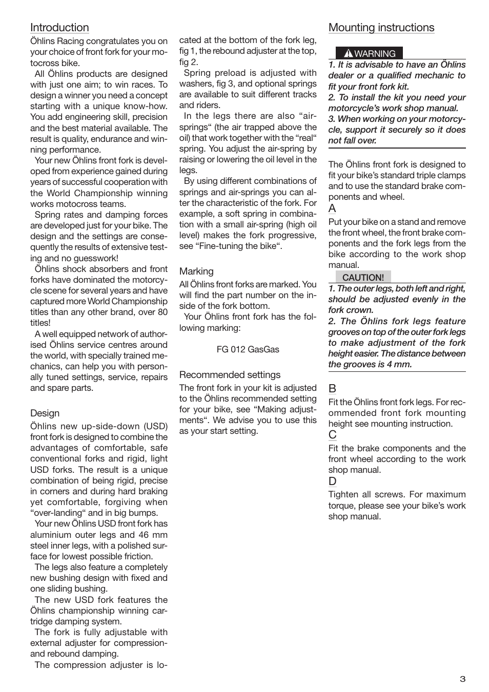 Introduction, Mounting instructions | Ohlins FG 012 User Manual | Page 3 / 16