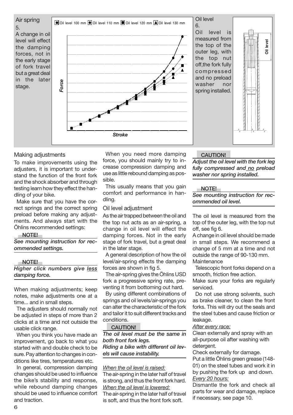 Making adjustments, Oil level adjustment, Air spring | Ohlins FG 012 User Manual | Page 6 / 16