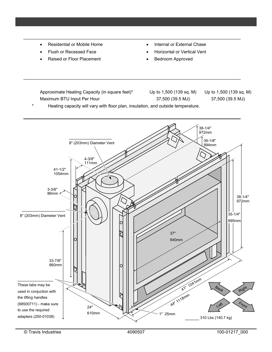 6features and specifications, Installation options, Heating specifications | Dimensions | Omni Group GREEN SMART 864 User Manual | Page 6 / 72
