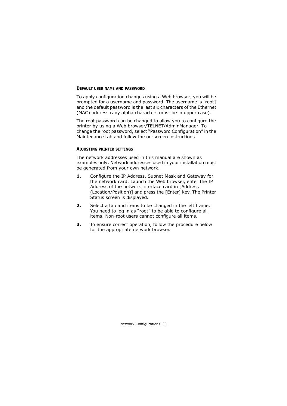 Default user name and password, Adjusting printer settings | Olivetti P26W User Manual | Page 33 / 95