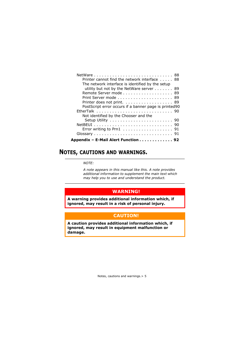 Notes, cautions and warnings | Olivetti P26W User Manual | Page 5 / 95