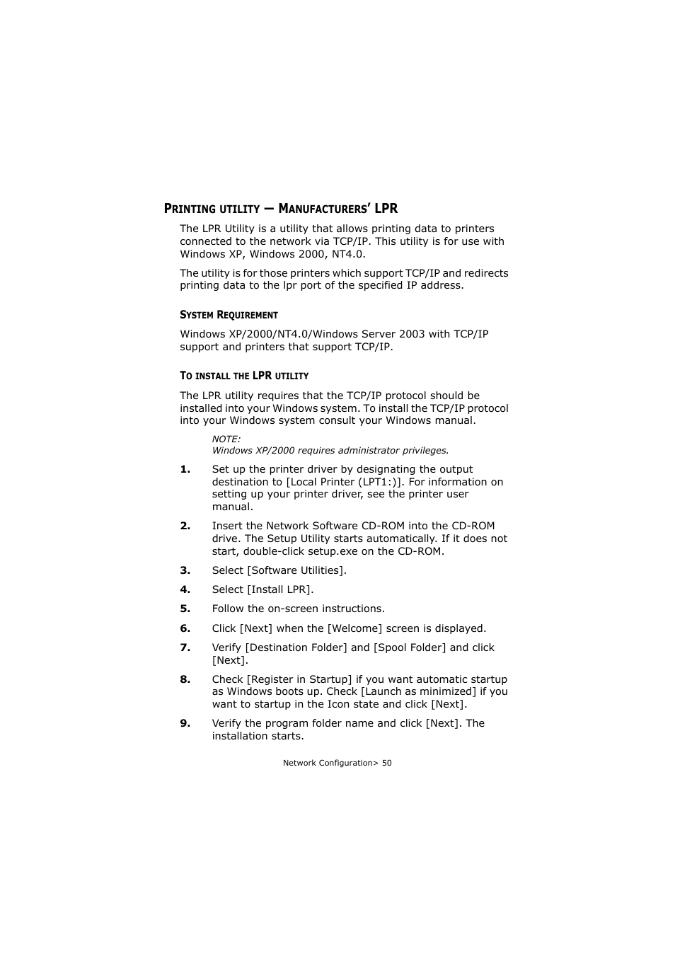 Printing utility - manufacturers’ lpr, System requirement, To install the lpr utility | Printing utility — manufacturers’ lpr, System requirement to install the lpr utility | Olivetti P26W User Manual | Page 50 / 95