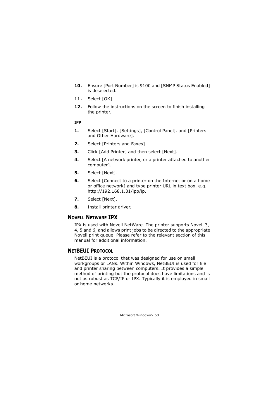 Novell netware ipx, Netbeui protocol, Novell netware ipx netbeui protocol | Beui p | Olivetti P26W User Manual | Page 60 / 95