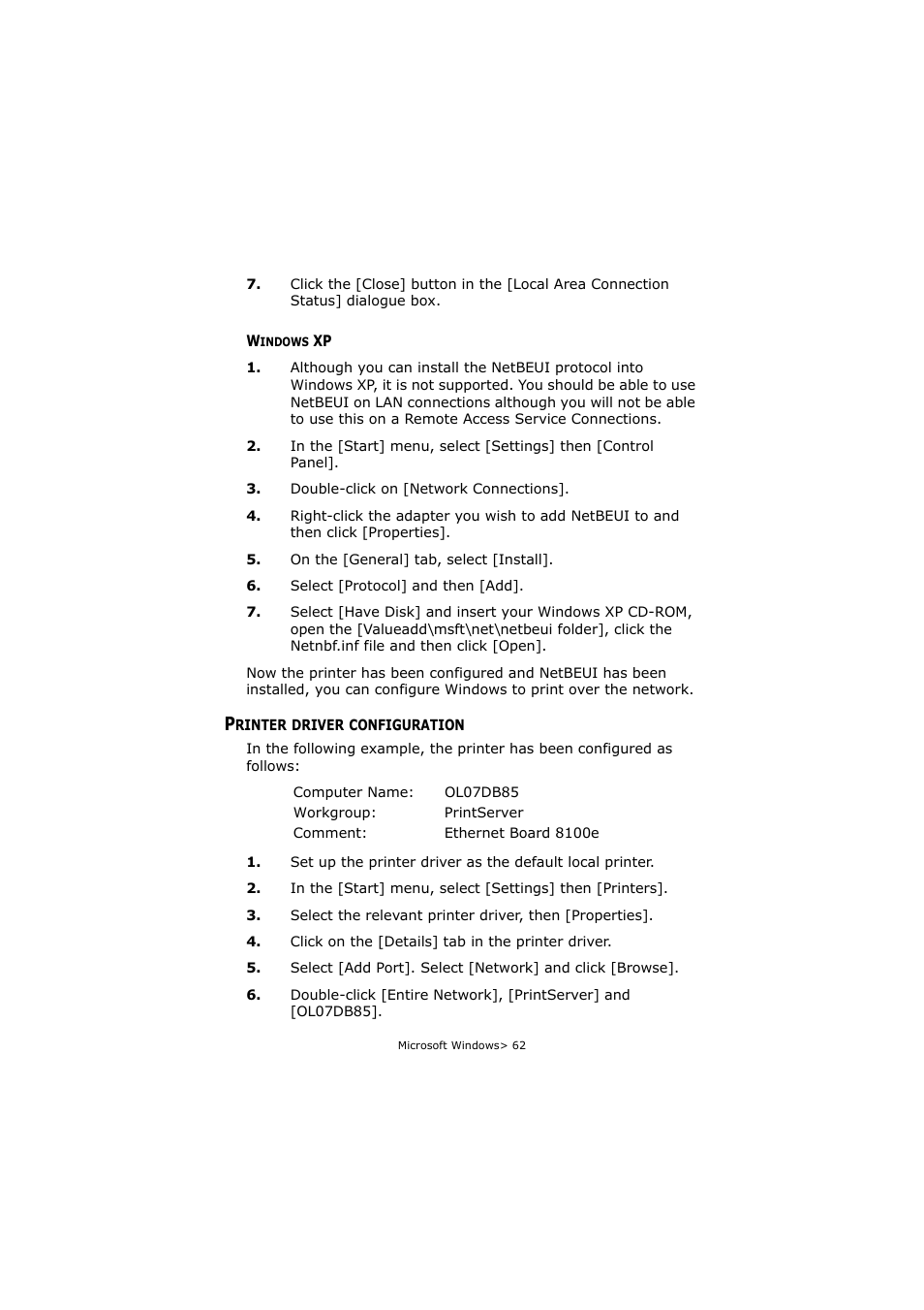 Windows xp, Printer driver configuration | Olivetti P26W User Manual | Page 62 / 95