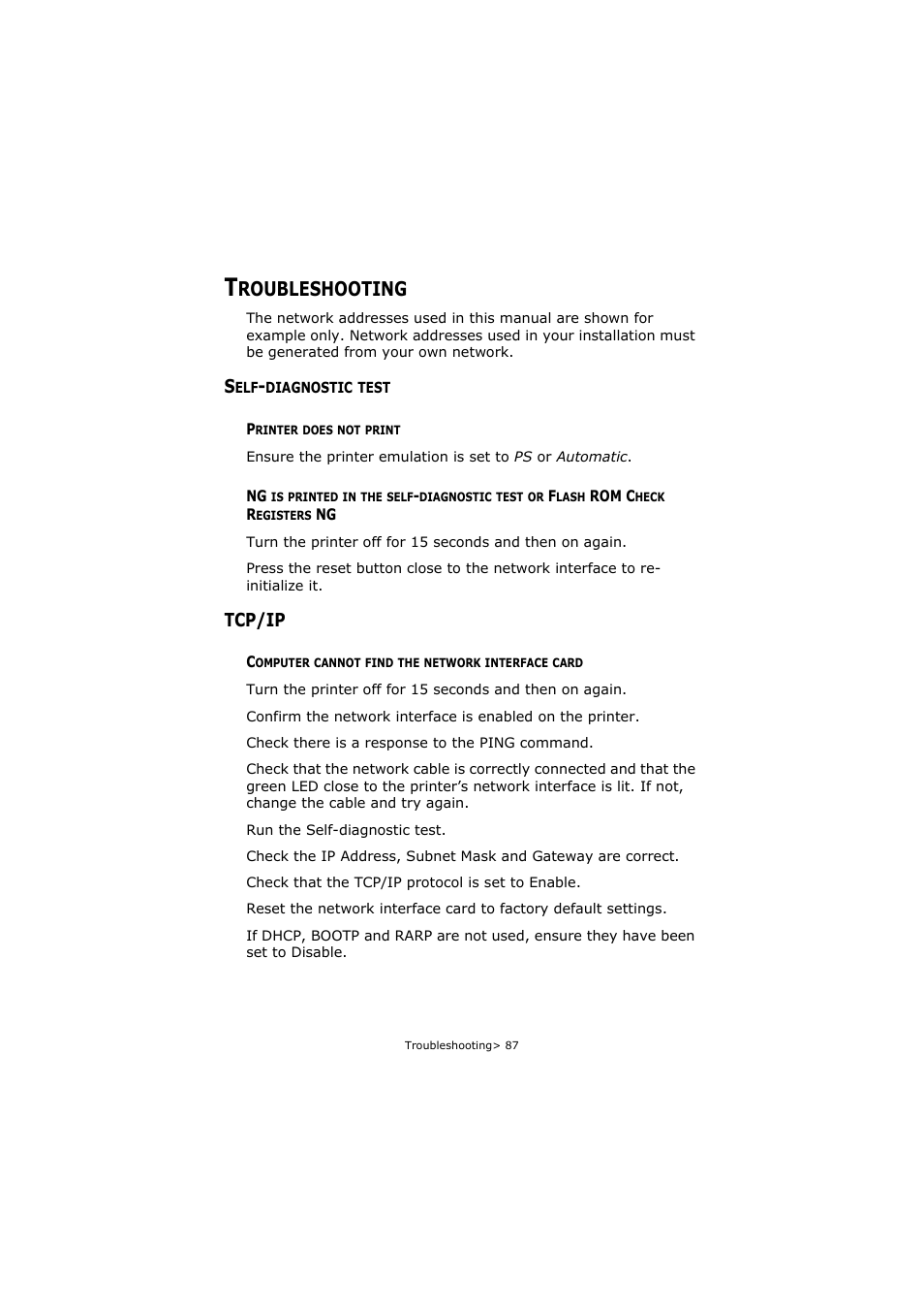 Troubleshooting, Self-diagnostic test, Printer does not print | Tcp/ip, Computer cannot find the network interface card, Computer cannot find the network interface card 87, Roubleshooting | Olivetti P26W User Manual | Page 87 / 95