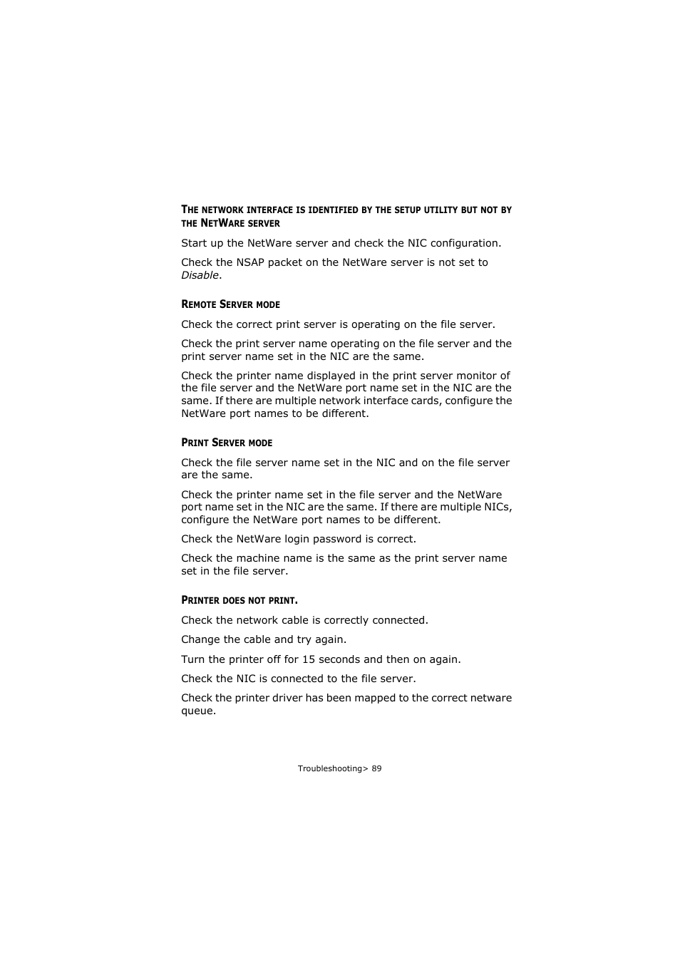 Remote server mode, Print server mode, Printer does not print | The network interface is identified by the setup, Utility but not by the netware server | Olivetti P26W User Manual | Page 89 / 95