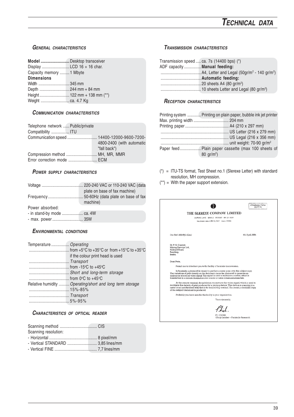 Echnical, Data | Olivetti 490 User Manual | Page 45 / 48