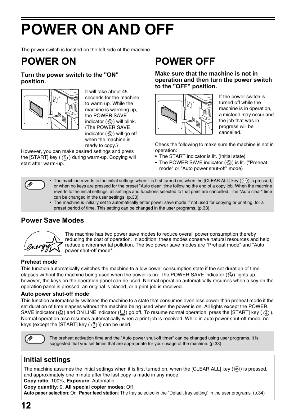 Power on and off, Power on, Power off | Power save modes, Initial settings | Olivetti d-Copia 20W User Manual | Page 16 / 74