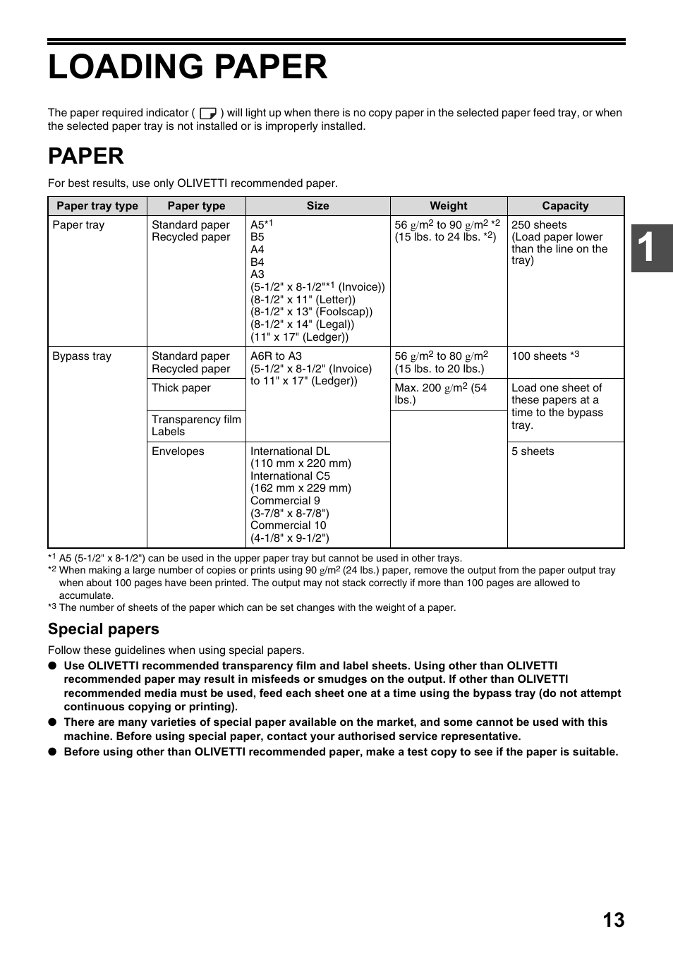 Loading paper, Paper, Special papers | Olivetti d-Copia 20W User Manual | Page 17 / 74