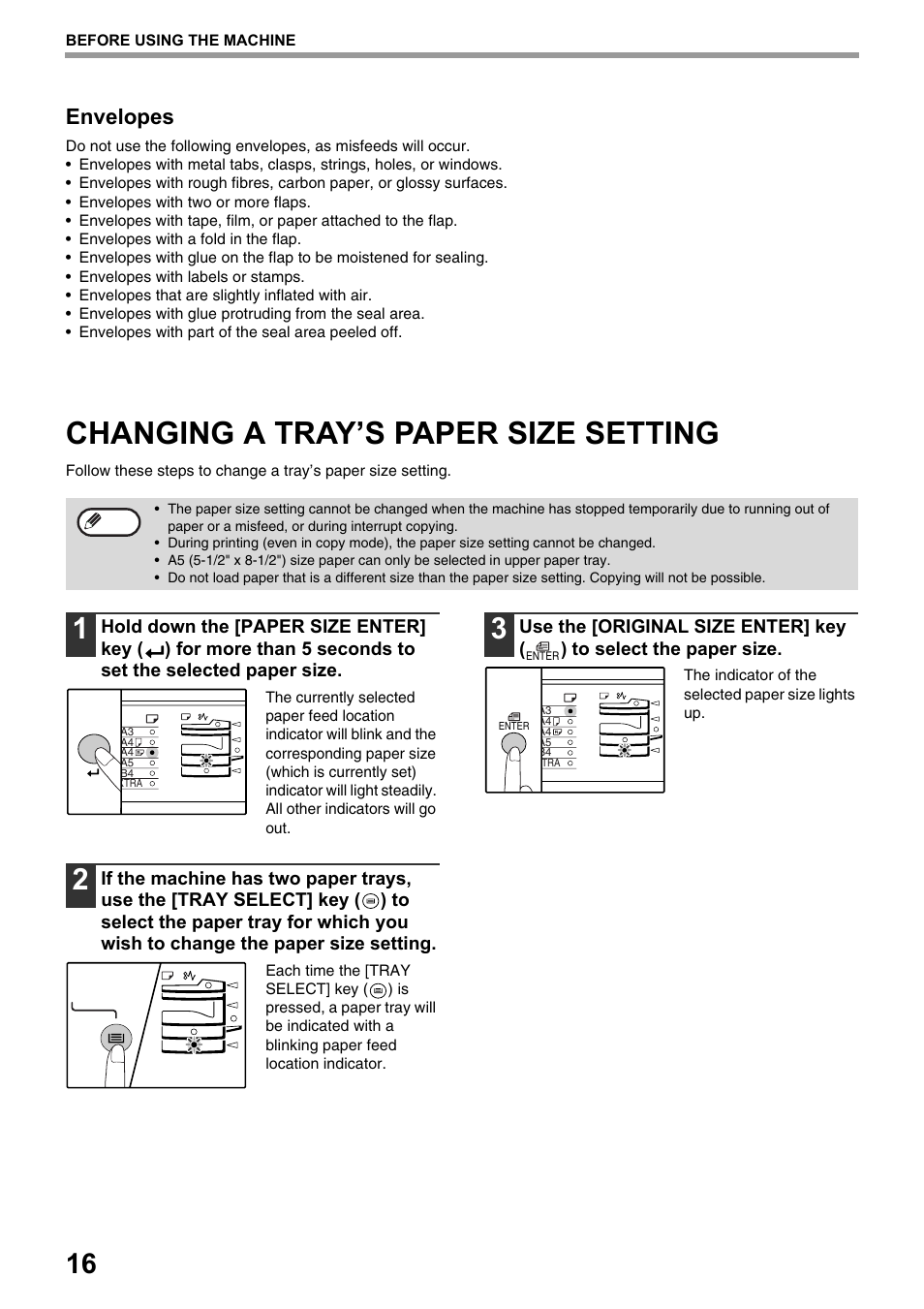 Changing a tray’s paper size setting, Envelopes | Olivetti d-Copia 20W User Manual | Page 20 / 74