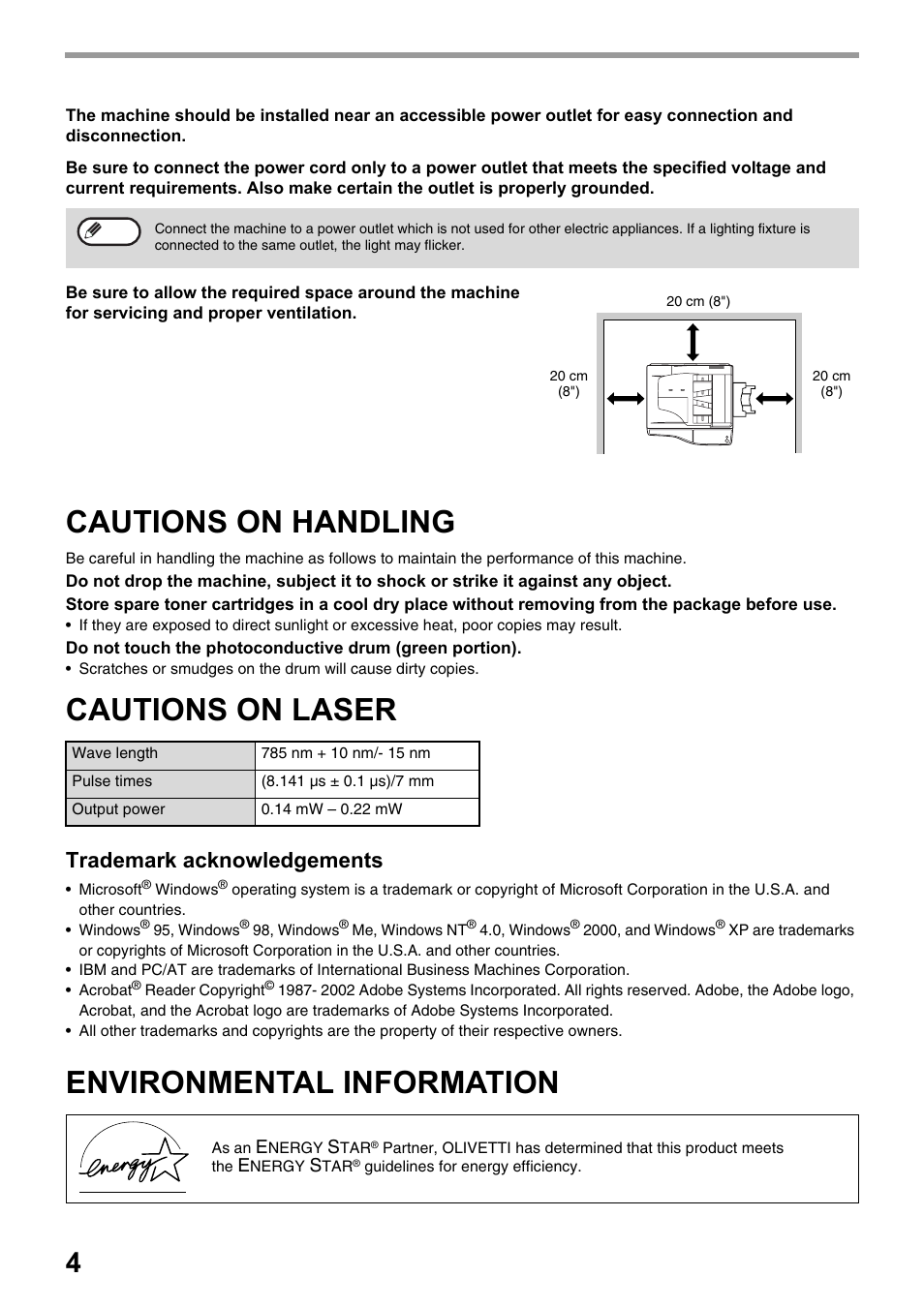 Cautions on handling, Cautions on laser, Environmental information | Trademark acknowledgements | Olivetti d-Copia 20W User Manual | Page 8 / 74