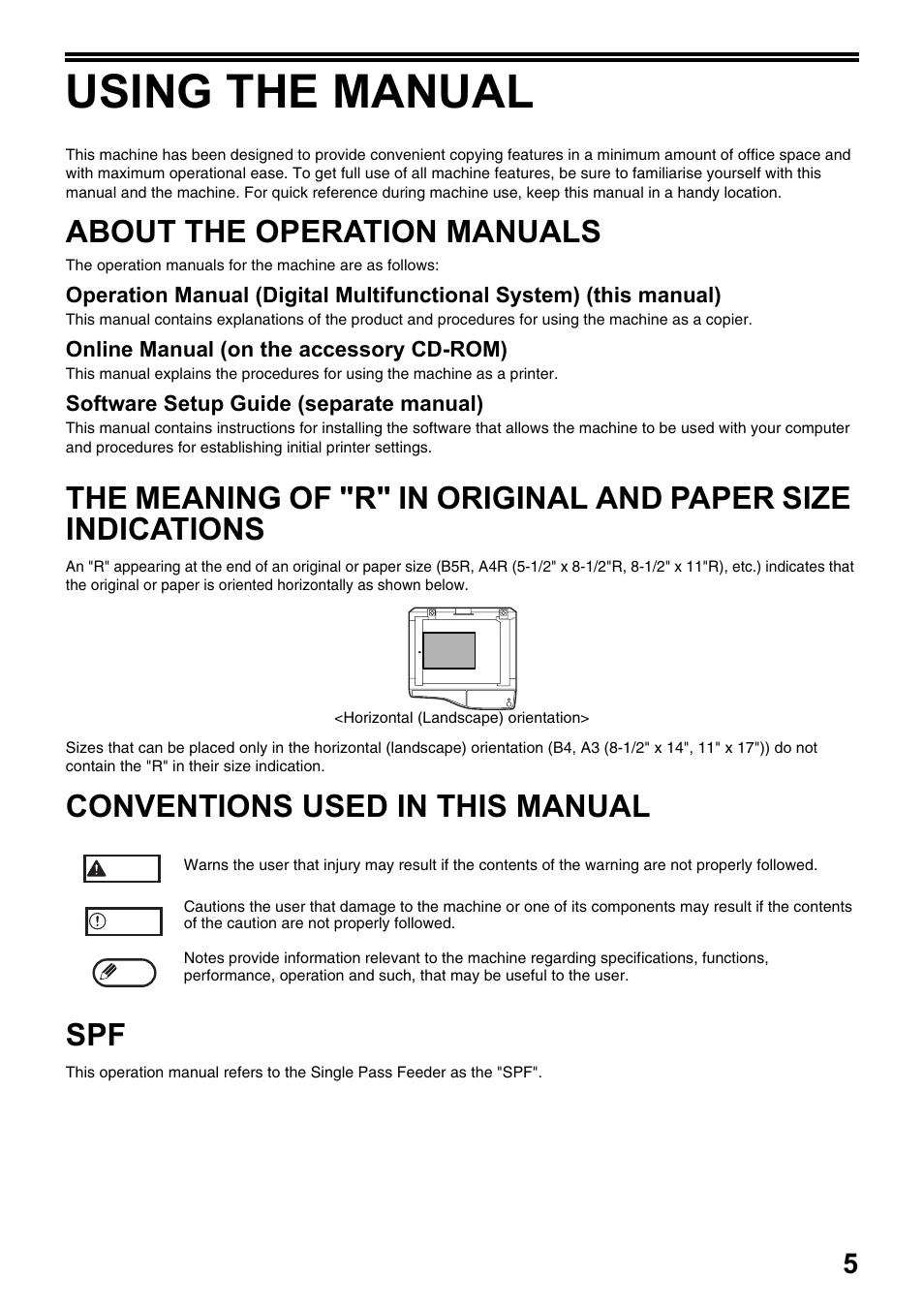 Using the manual, About the operation manuals, Conventions used in this manual spf | Olivetti d-Copia 20W User Manual | Page 9 / 74