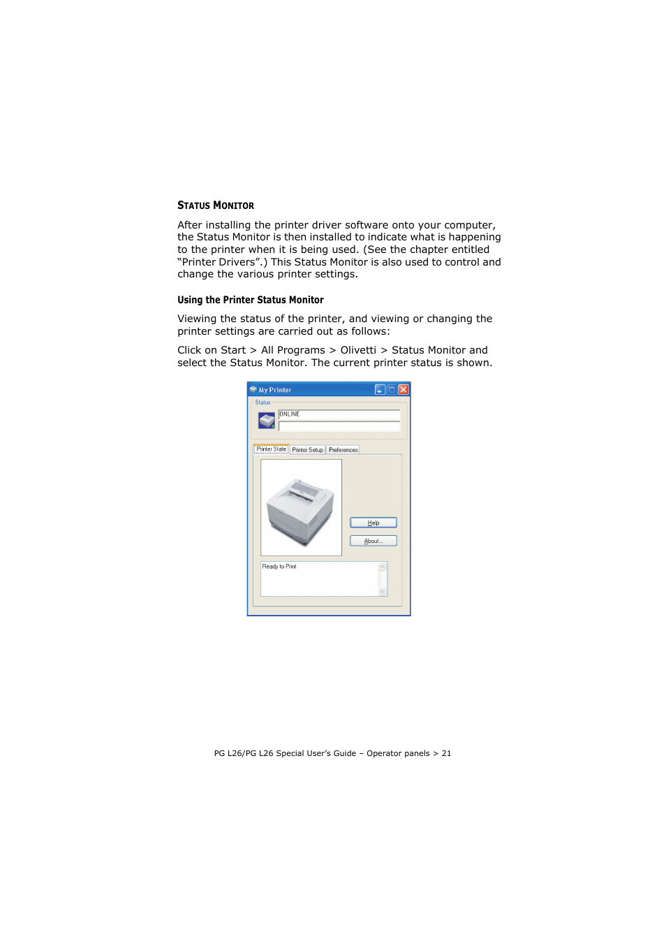 Status monitor | Olivetti PG L26 Special User Manual | Page 21 / 93