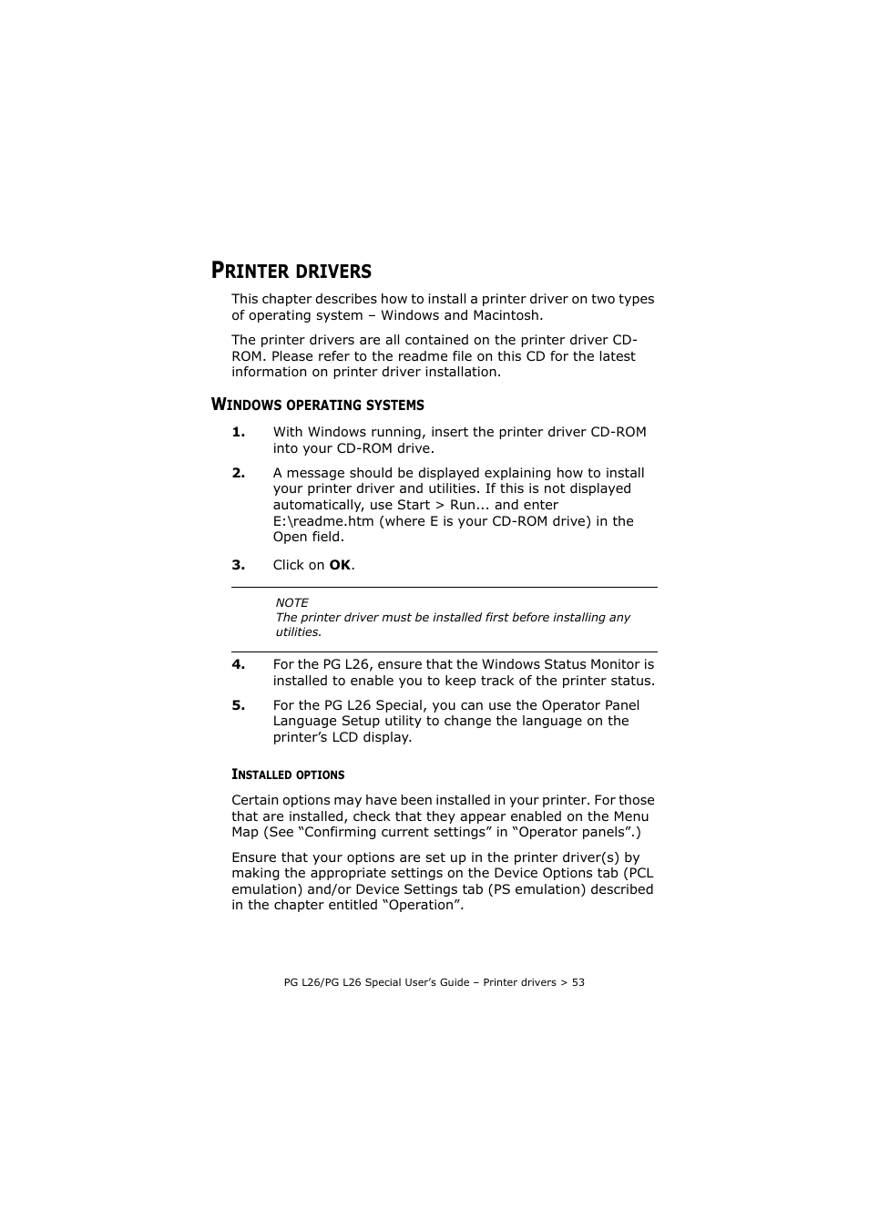 Printer drivers, Windows operating systems, Installed options | Rinter, Drivers | Olivetti PG L26 Special User Manual | Page 53 / 93