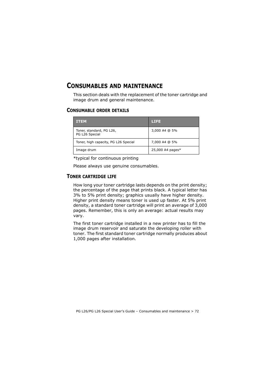 Consumables and maintenance, Consumable order details, Toner cartridge life | Consumable order details toner cartridge life, Onsumables, Maintenance | Olivetti PG L26 Special User Manual | Page 72 / 93