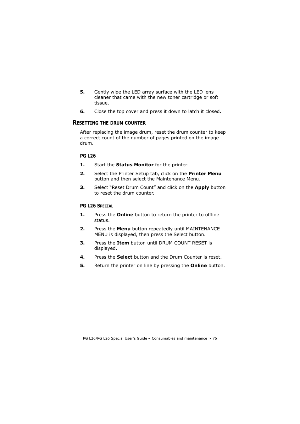 Resetting the drum counter, Pg l26, Pg l26 special | Pg l26 pg l26 special | Olivetti PG L26 Special User Manual | Page 76 / 93