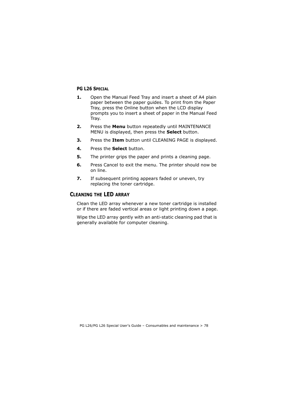 Pg l26 special, Cleaning the led array | Olivetti PG L26 Special User Manual | Page 78 / 93