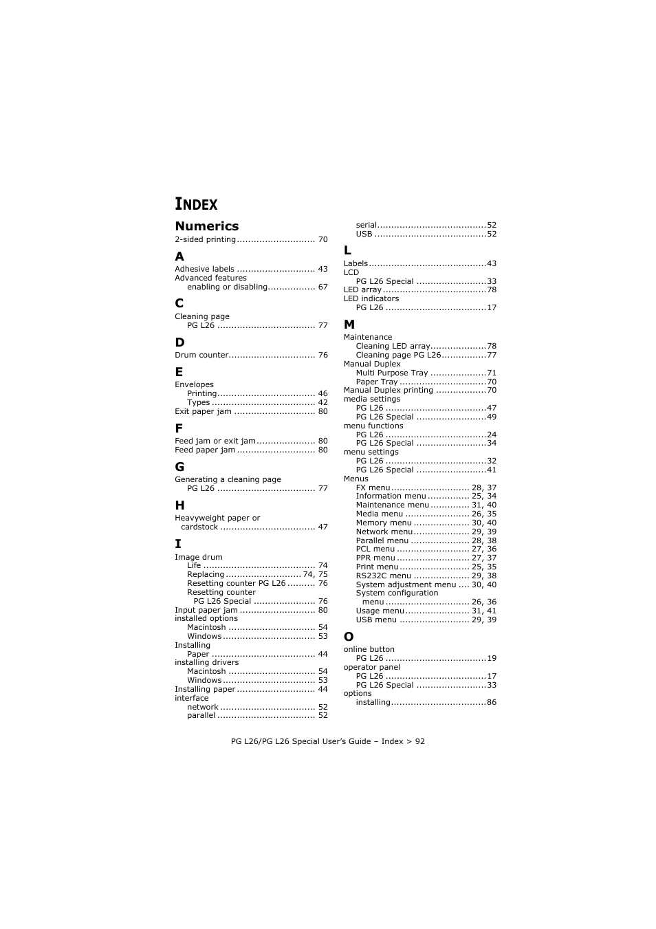 Index, Ndex, Numerics | Olivetti PG L26 Special User Manual | Page 92 / 93