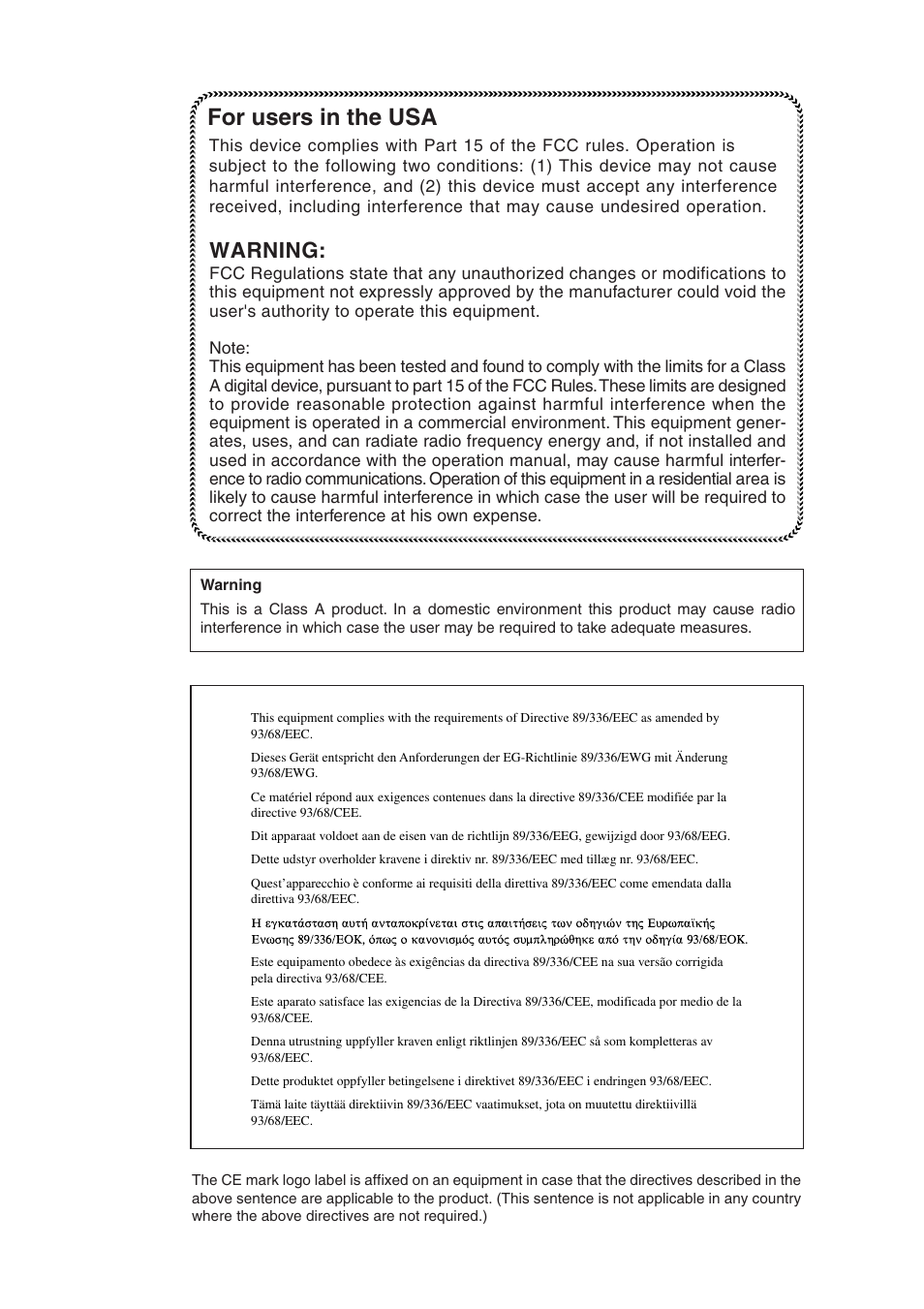 For users in the usa, Warning | Olivetti 2701 User Manual | Page 106 / 107