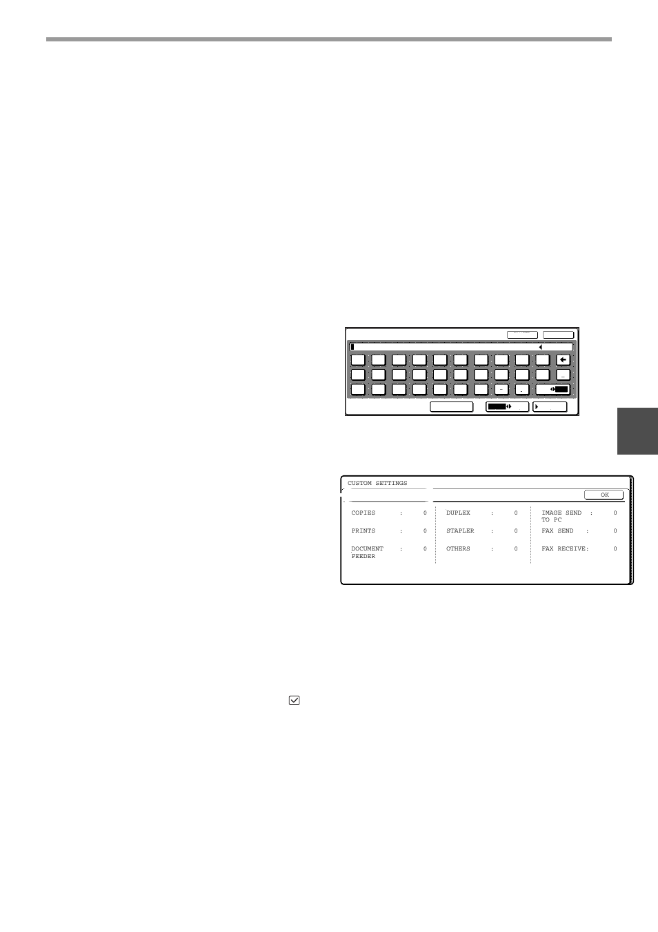 Settings, Machine. (p.53), Touch panel. (p.53) | P.53), N. (p.53), Total count, Display contrast, List print, Clock, Tray settings | Olivetti 2701 User Manual | Page 57 / 107