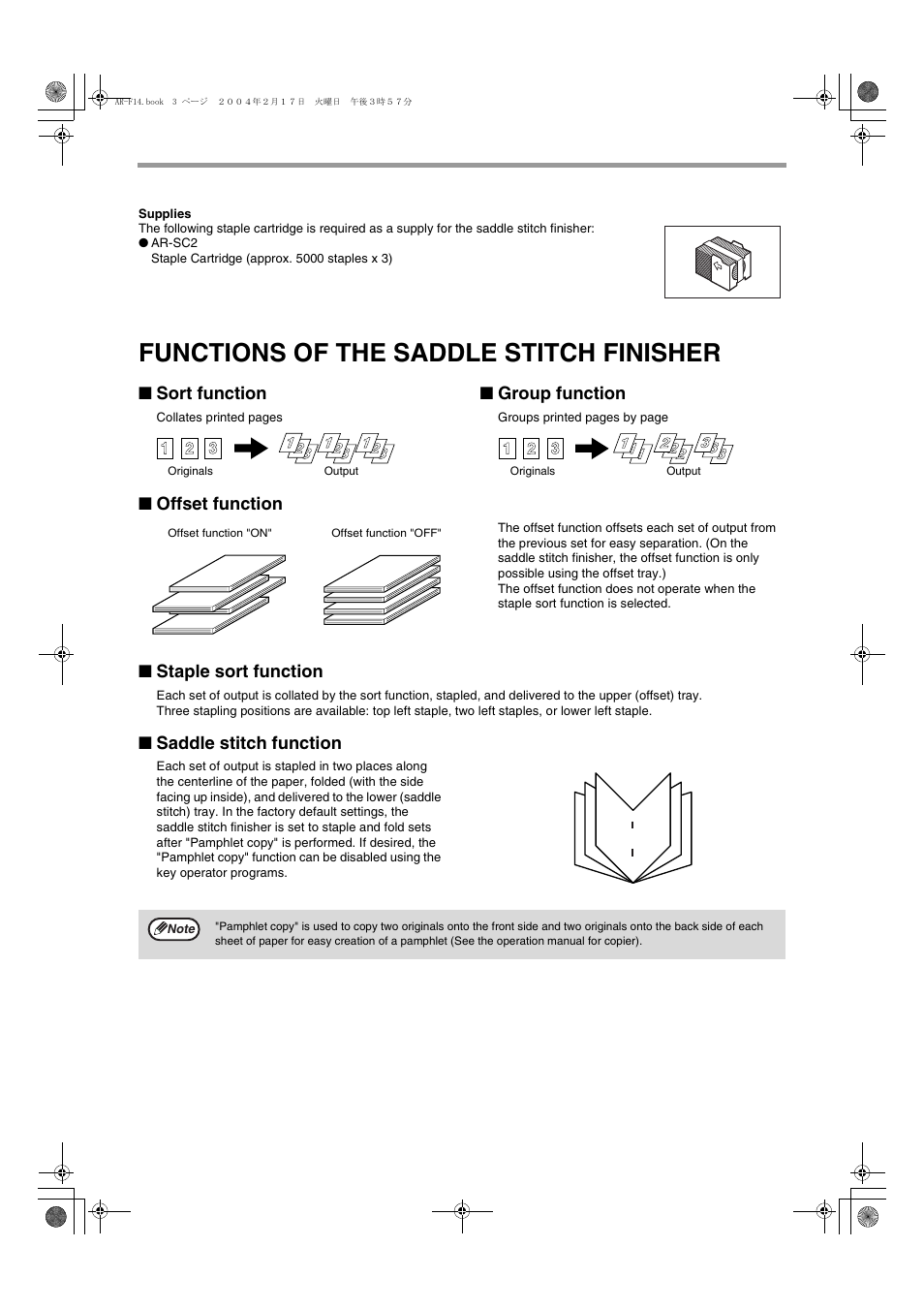 Functions of the saddle stitch finisher, Sort function, Group function | Offset function, Staple sort function, Saddle stitch function | Olivetti 2701 User Manual | Page 86 / 107