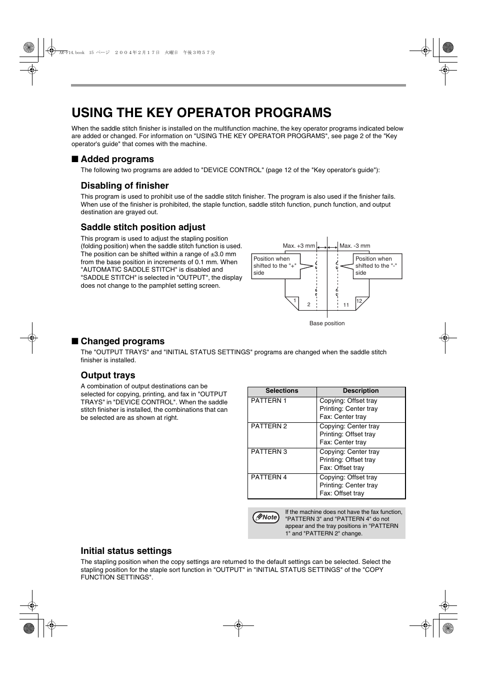 Using the key operator programs, Added programs, Disabling of finisher | Saddle stitch position adjust, Changed programs, Output trays, Initial status settings | Olivetti 2701 User Manual | Page 98 / 107