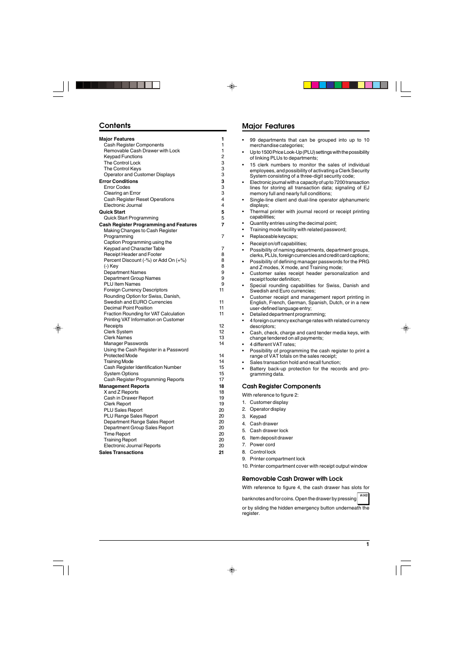 Contents major features | Olivetti ECR 5900 User Manual | Page 9 / 45