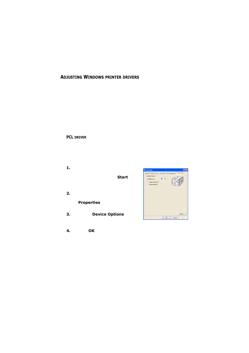 Adjusting windows printer drivers, Pcl driver | Olivetti D-COLOR P26 User Manual | Page 158 / 174