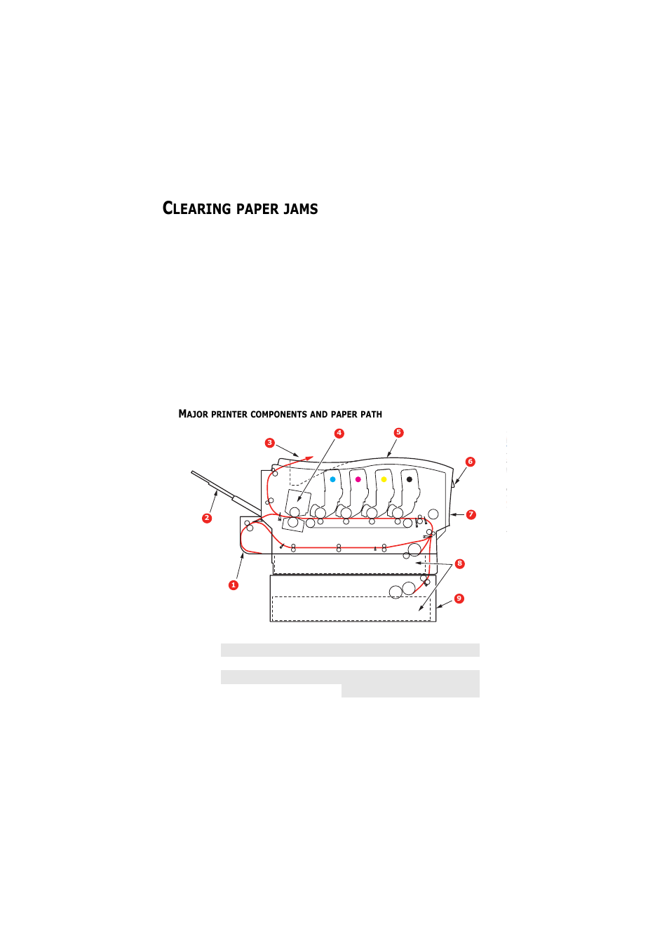 Clearing paper jams, Major printer components and paper path, Learing | Paper, Jams | Olivetti D-COLOR P26 User Manual | Page 160 / 174