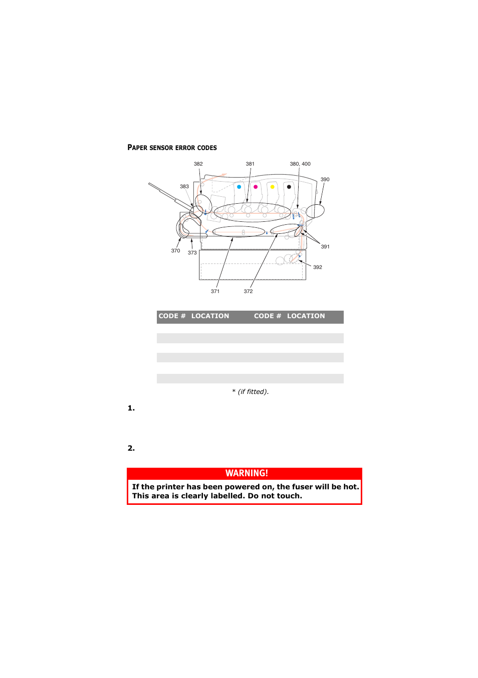 Paper sensor error codes, Warning | Olivetti d-Color P26W User Manual | Page 85 / 97