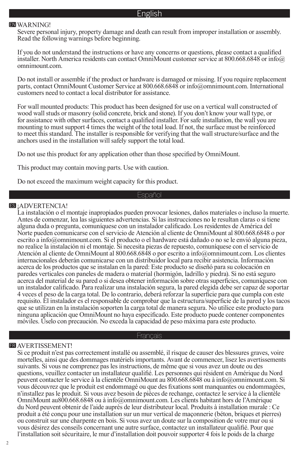 English | Omnimount SW1 User Manual | Page 2 / 12