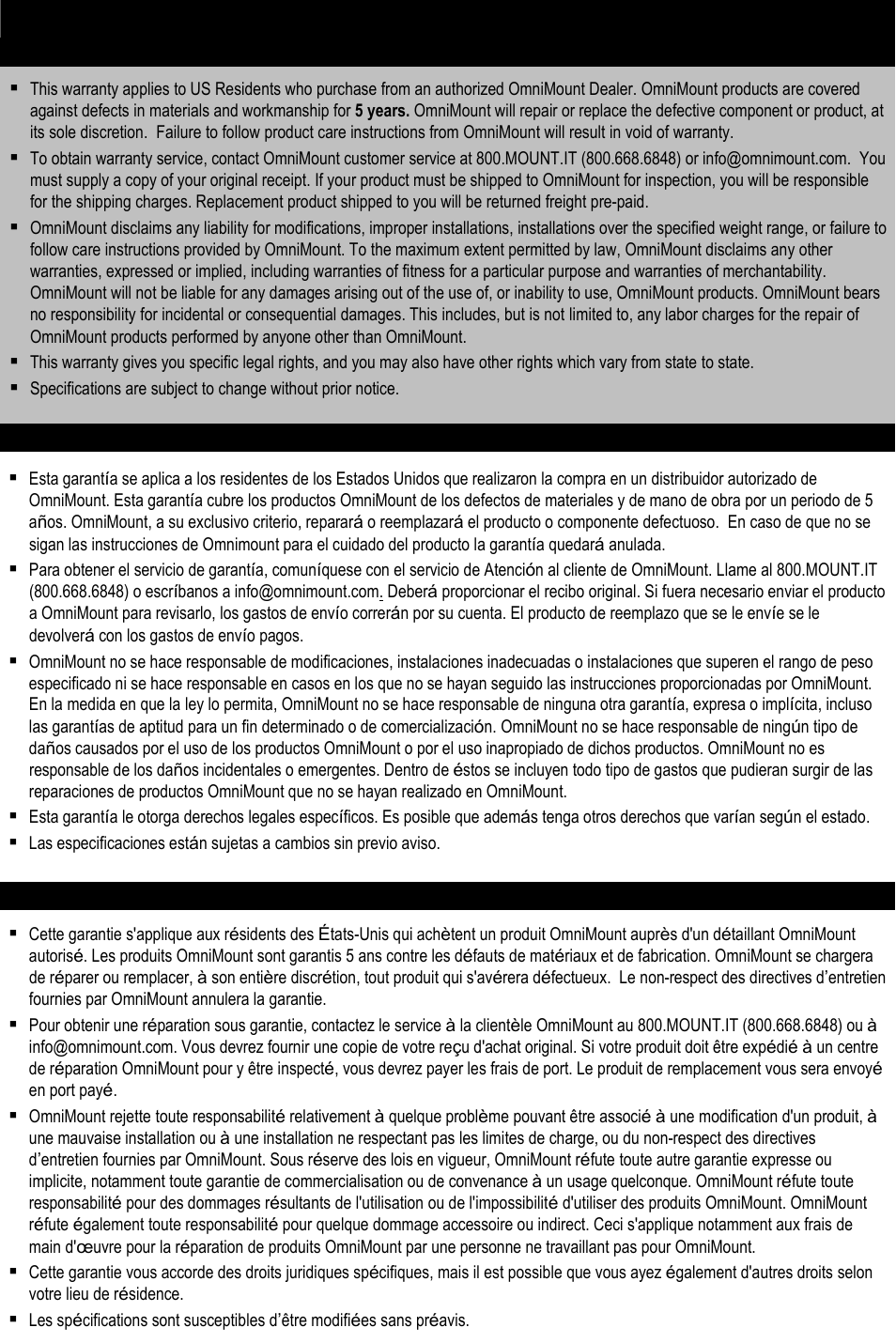 Omnimount product warranty | Omnimount 10238 User Manual | Page 26 / 28