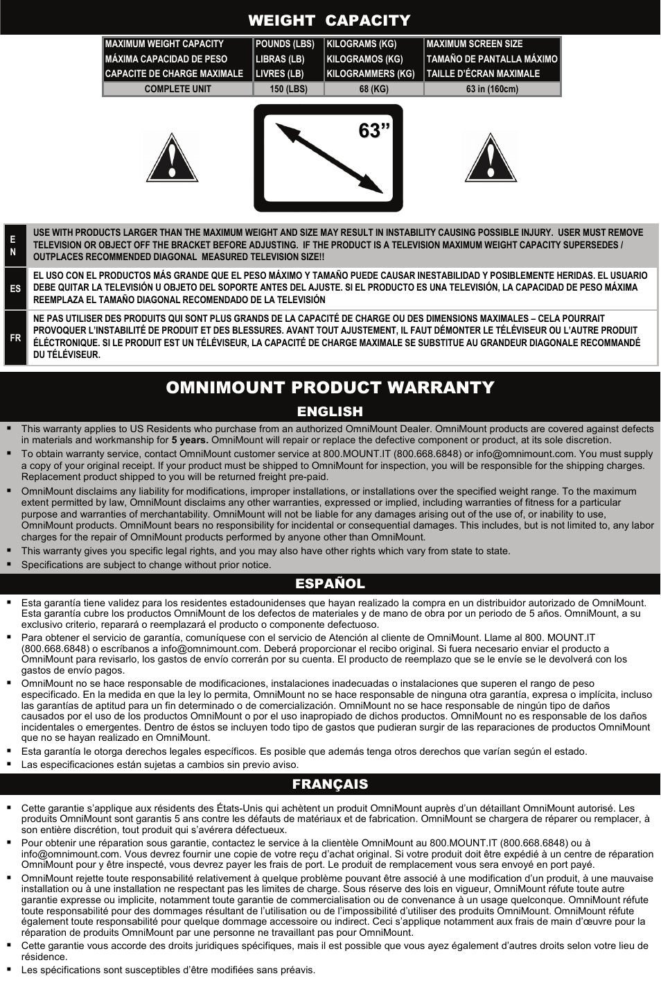 Omnimount product warranty, Weight capacity | Omnimount 10322 User Manual | Page 2 / 2