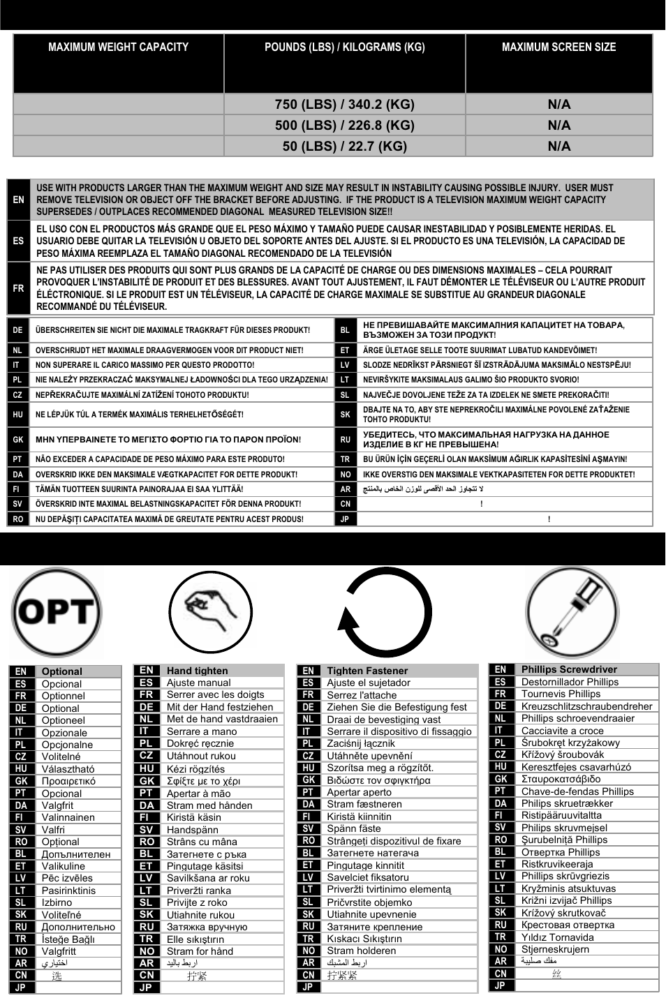 Weight capacity, Symbol key, Re27 complete unit 2 u shelf | Omnimount RE27 User Manual | Page 9 / 20