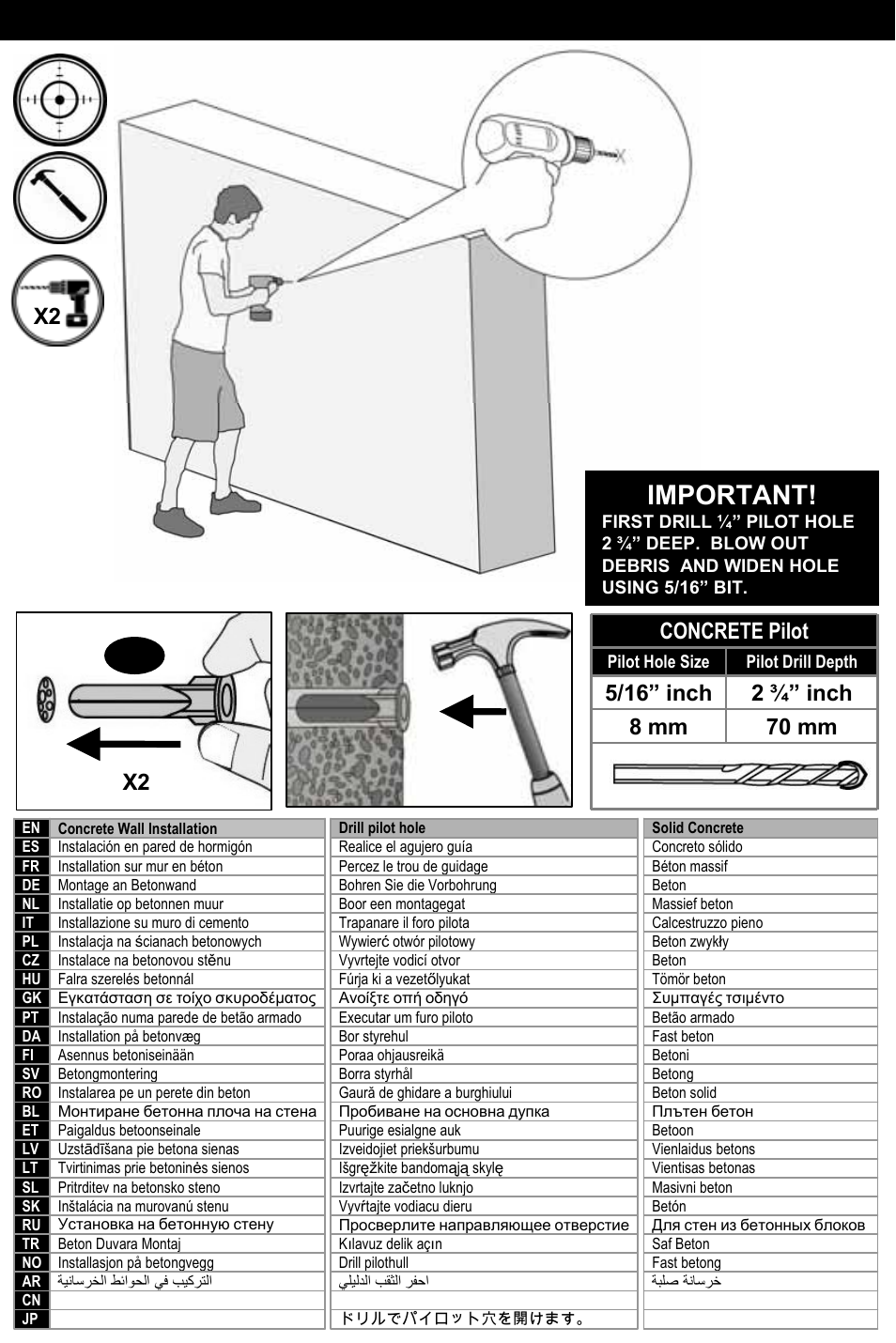 Important, Concrete installation, X2 concrete pilot | Omnimount NC30C User Manual | Page 15 / 24