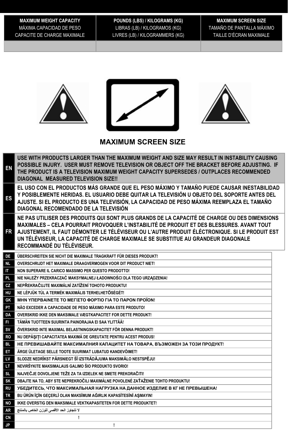 Caution, Weight capacity, Maximum screen size | Omnimount NC30C User Manual | Page 7 / 24