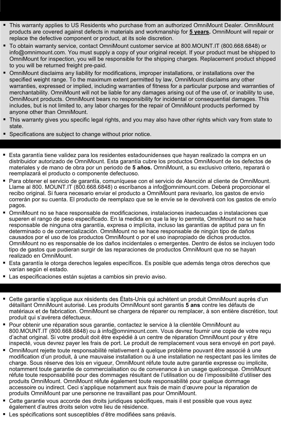Omnimount product warranty | Omnimount OM10321 User Manual | Page 25 / 28