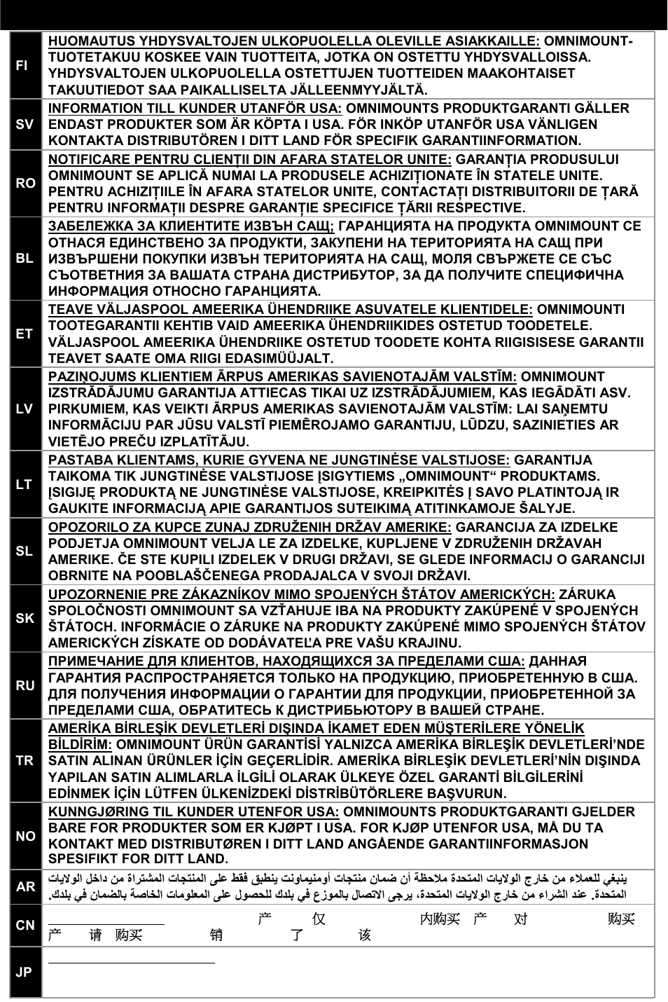 Omnimount product warranty | Omnimount OM10321 User Manual | Page 27 / 28