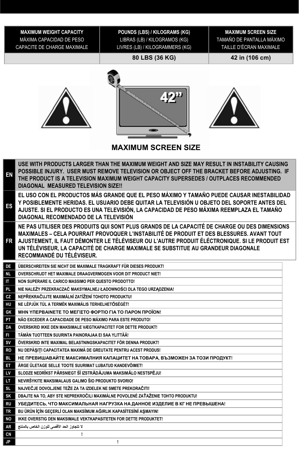 Caution, Weight capacity, Maximum screen size | Omnimount OM10321 User Manual | Page 7 / 28