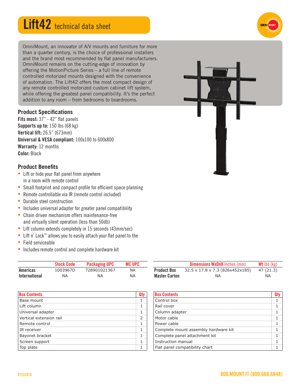 Lift42, Technical data sheet | Omnimount Lift 42 User Manual | Page 2 / 3