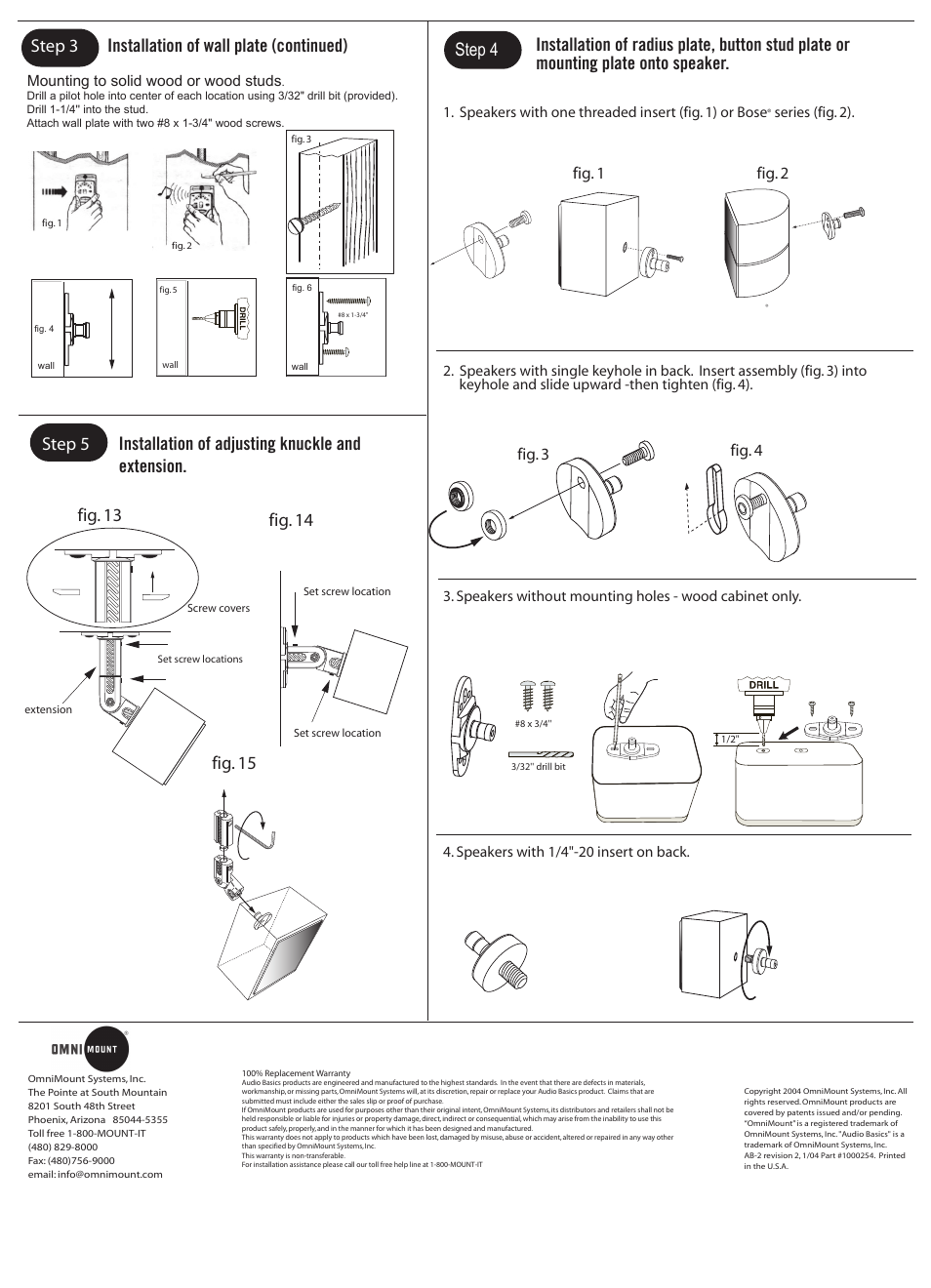 Step 3, Installation of wall plate (continued), Fig. 14 fig. 15 | Step 5 i, Installation of adjusting knuckle and extension, Fig. 13, Fig. 1 fig. 2 fig. 3 fig. 4 | Omnimount AB1-HTS User Manual | Page 2 / 2