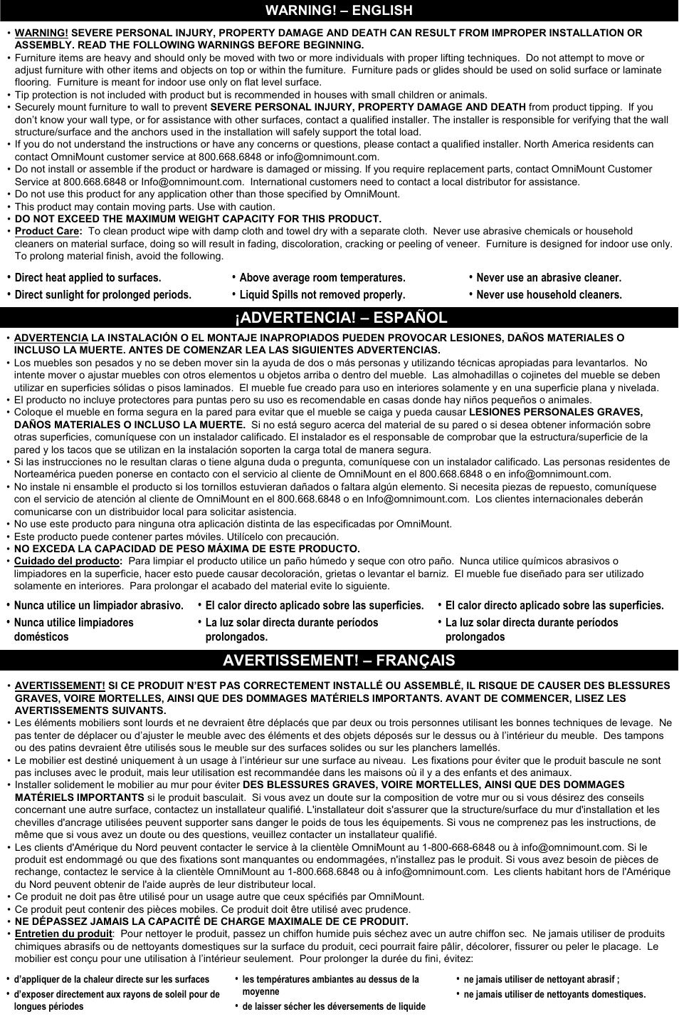 Advertencia! – español, Avertissement! – français, Warning! – english | Omnimount Verona 55FP User Manual | Page 2 / 36