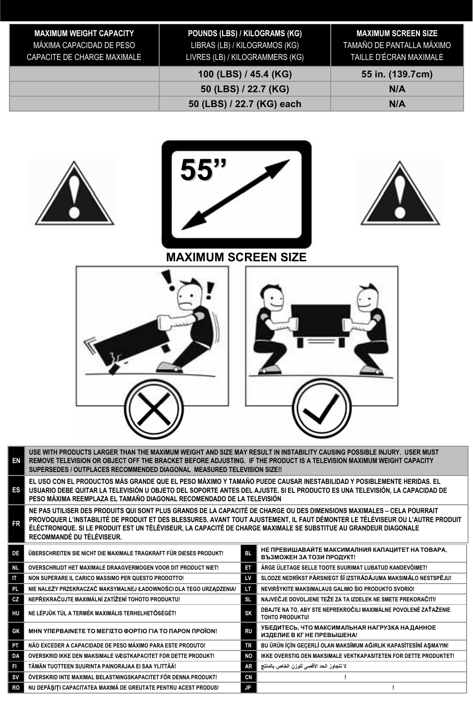 Caution, Weight capacity, Maximum screen size | Omnimount Verona 55FP User Manual | Page 9 / 36