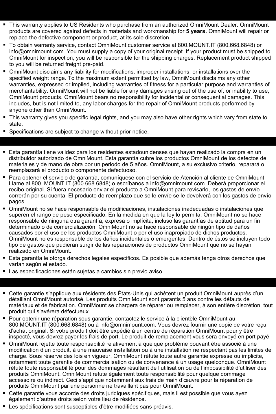 Omnimount product warranty | Omnimount OM10019 User Manual | Page 29 / 32