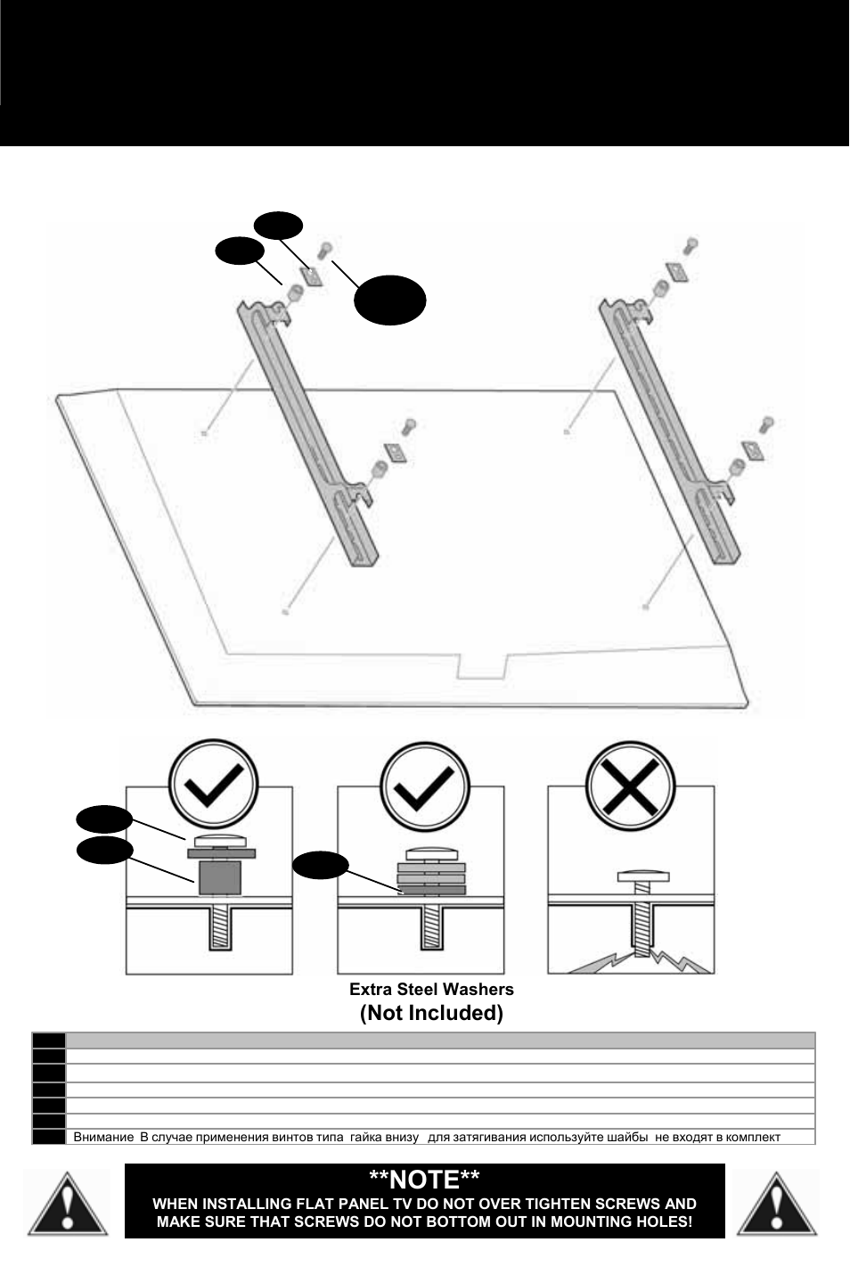 Non-vesa / larger monitor installation, Caution! - screws bottoming out, Not included) | Omnimount Power55 User Manual | Page 20 / 48