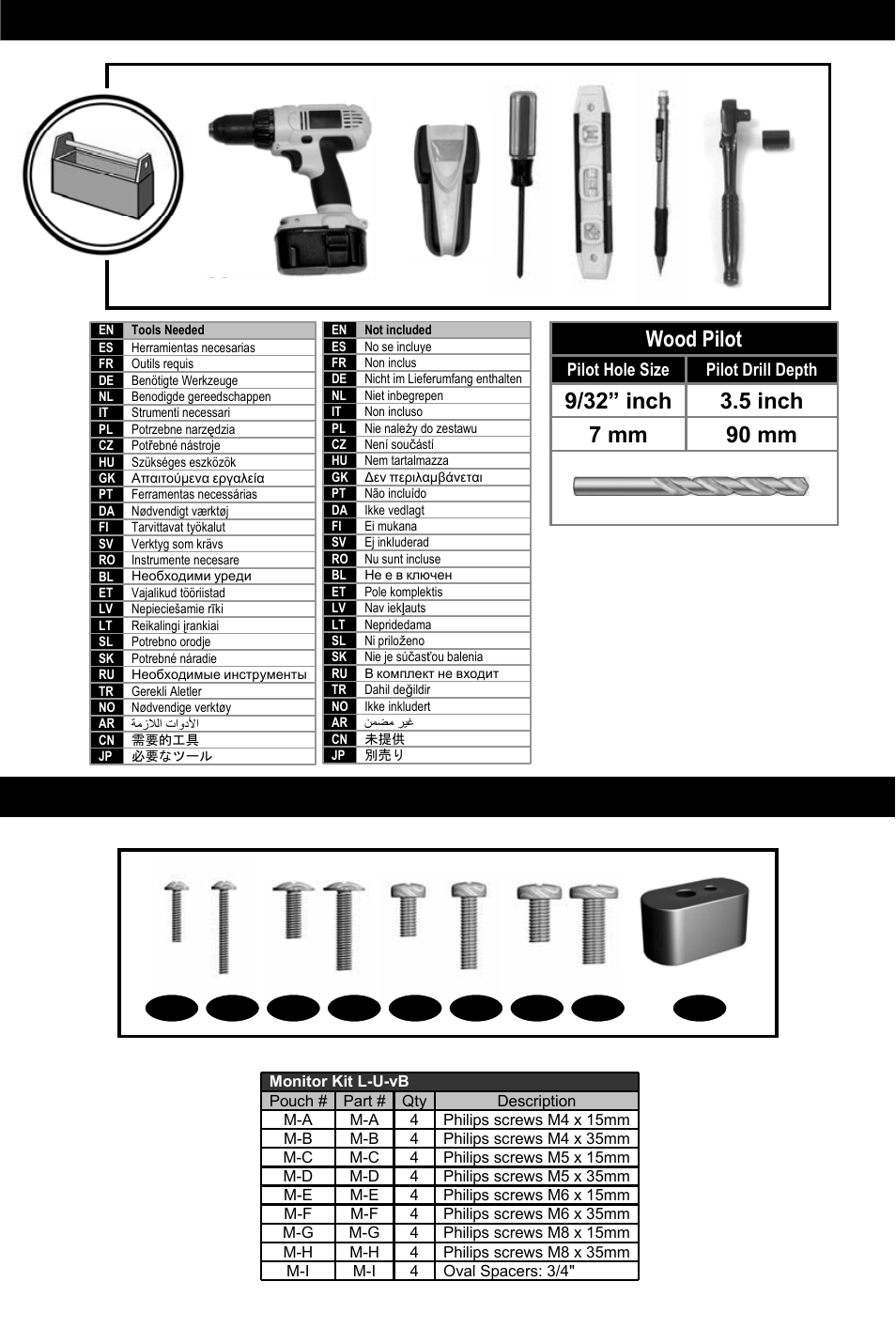 Tools needed contents, 9/32” inch, Pilot drill depth | Pilot hole size | Omnimount OM10016 User Manual | Page 10 / 28