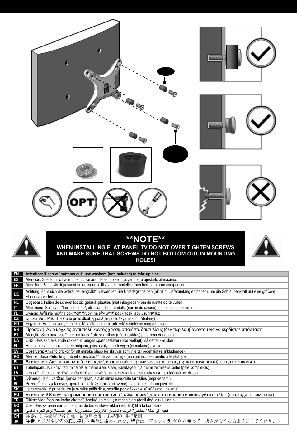 Caution! - screws bottoming out | Omnimount OM10016 User Manual | Page 18 / 28