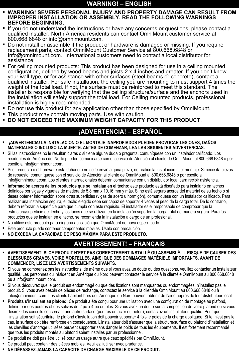 Warning! – english, Advertencia! – español avertissement! – français | Omnimount OM10016 User Manual | Page 2 / 28