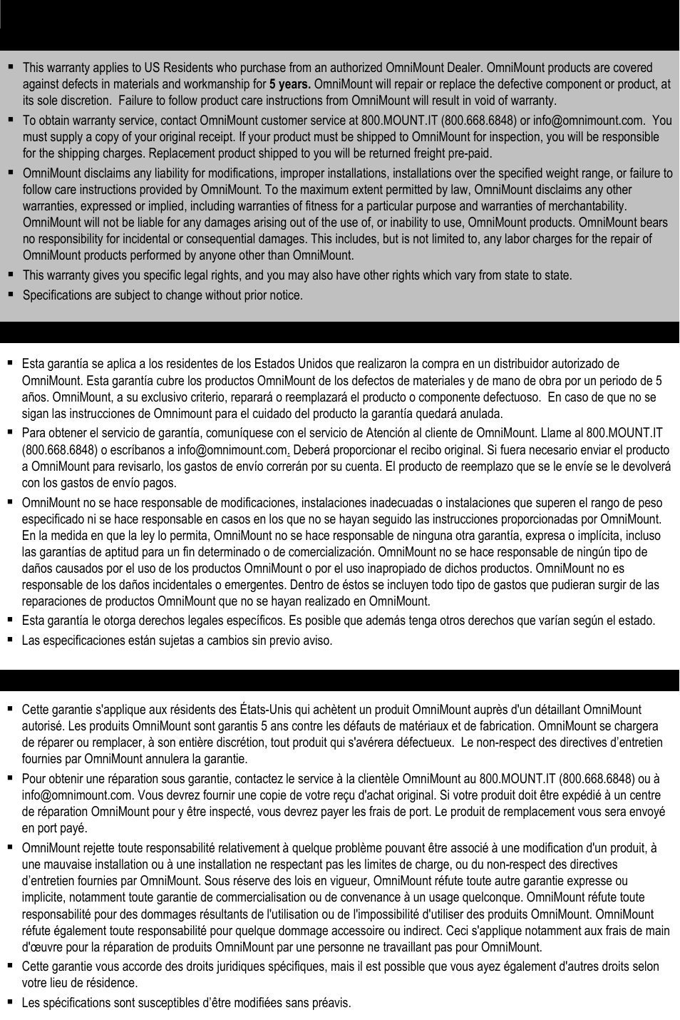 Omnimount product warranty | Omnimount OM10016 User Manual | Page 26 / 28