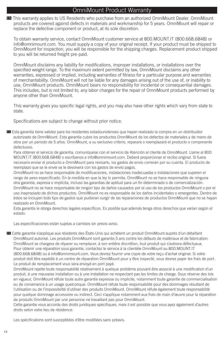 Omnimount product warranty | Omnimount EL0 User Manual | Page 14 / 16